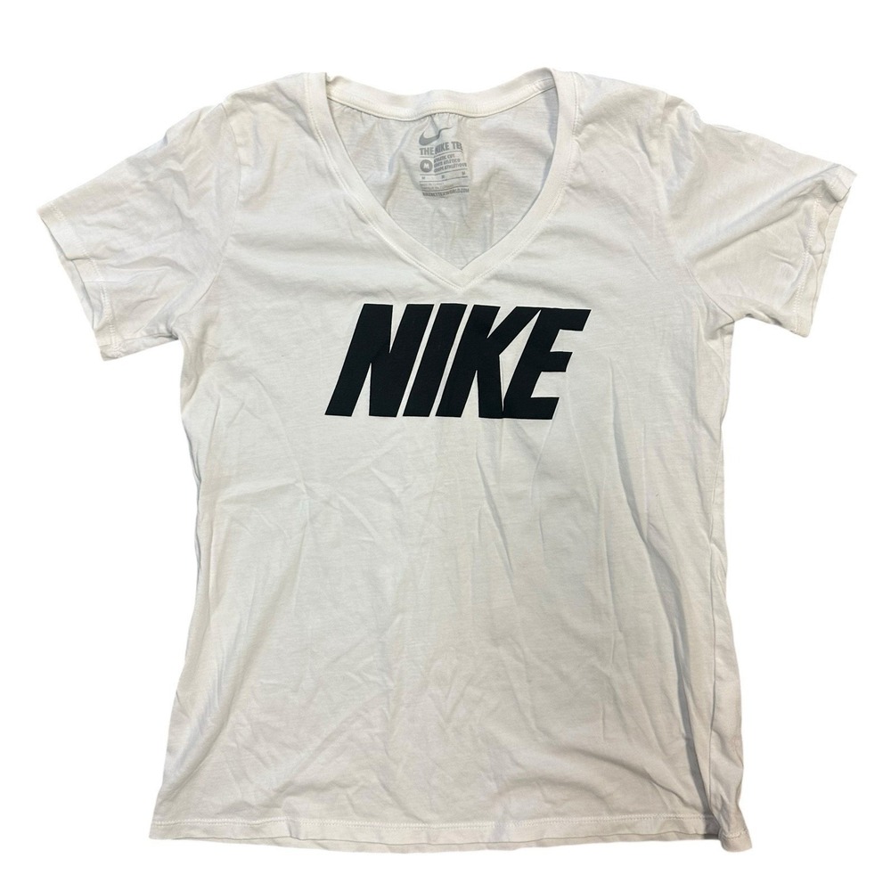 Nike V-Neck Women's White Athletic Cut T-Shirt With Black Decorative Logo Size M